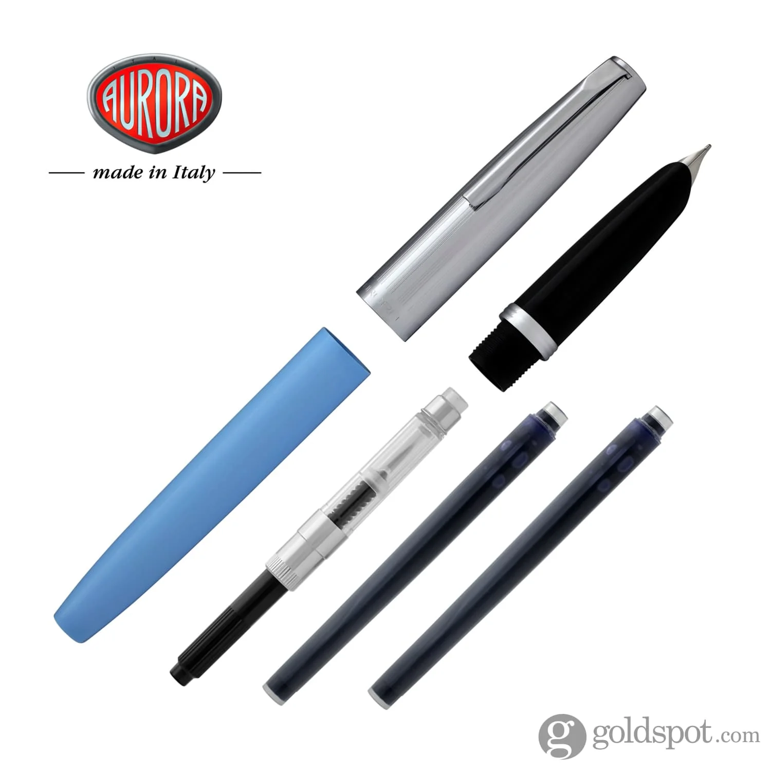 Aurora Duo Cart Fountain Pen - Light Blue Resin With Chrome Cap, Medium Point - Image 7