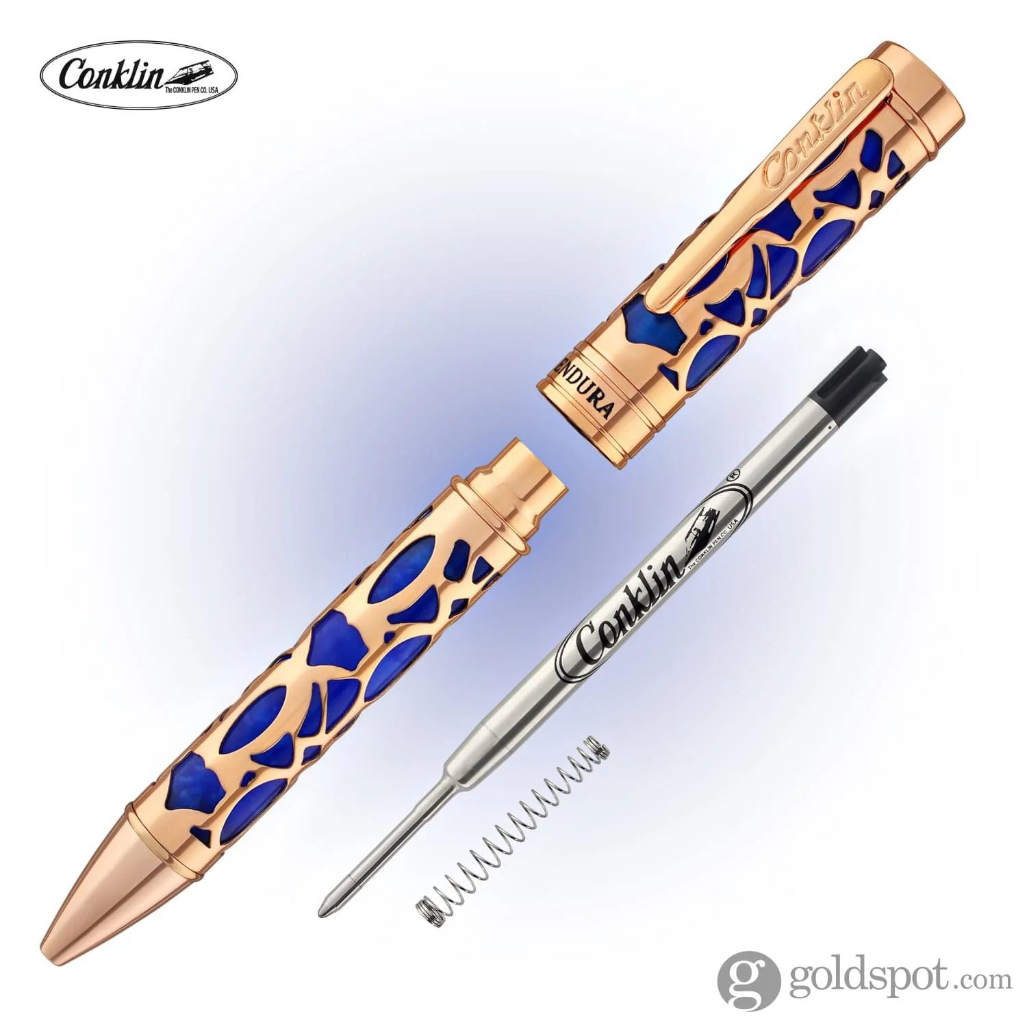 Conklin Endura Deco Crest Ballpoint Pen in Blue with Rosegold Trim - Image 6