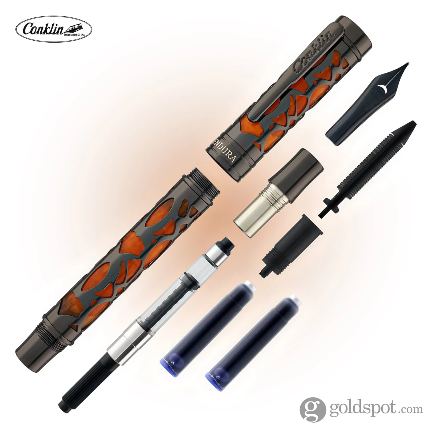 Conklin Endura Deco Crest Fountain Pen in Orange with Gunmetal Trim - Image 7
