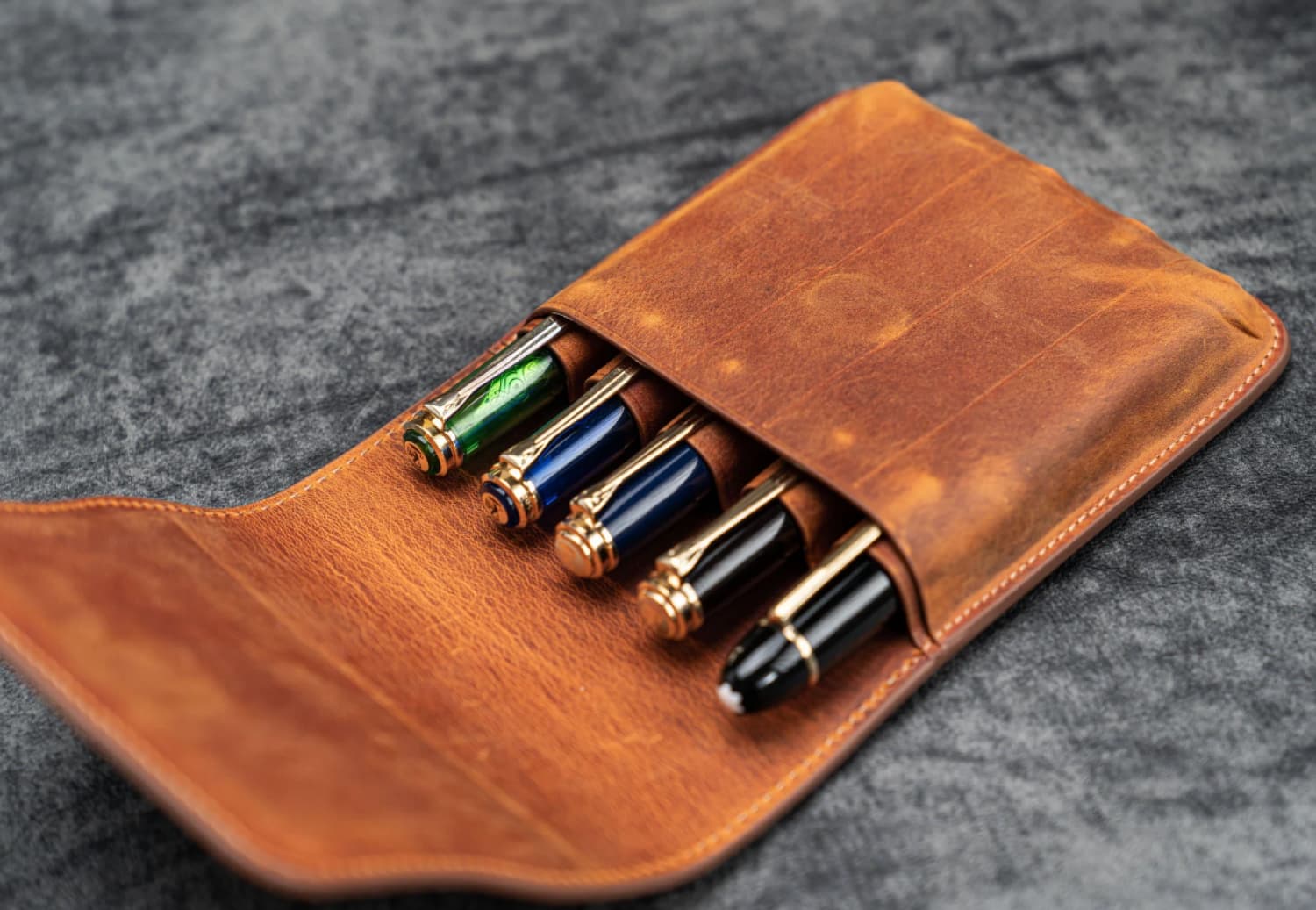 Galen Leather Five Slot Flap Pen Case in Crazy Horse Brown