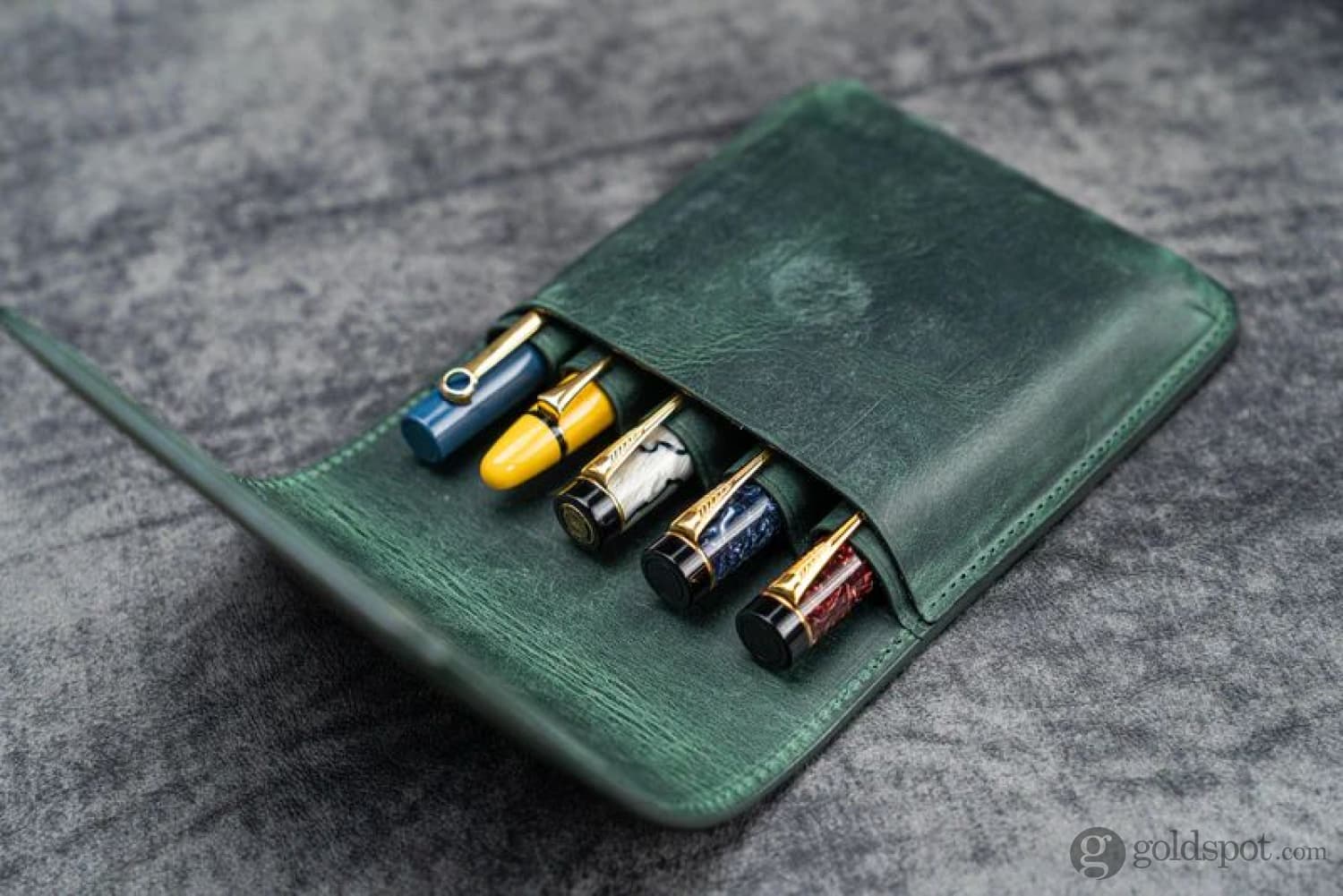 Galen Leather Five Slot Flap Pen Case in Crazy Horse Forest Green - Image 2