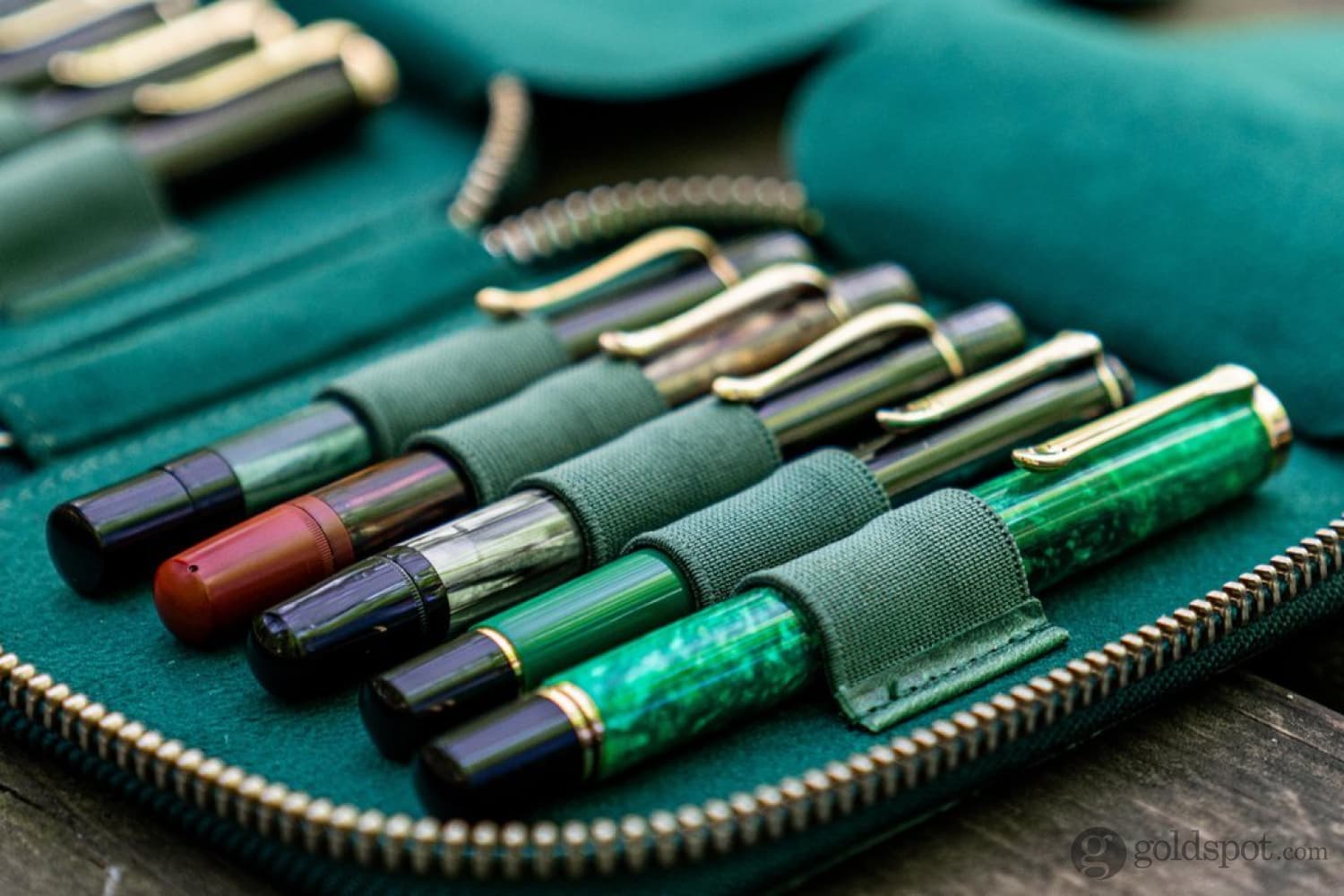 Galen Leather Pen Case Zippered 10 Slots in Crazy Forest Green - Image 2