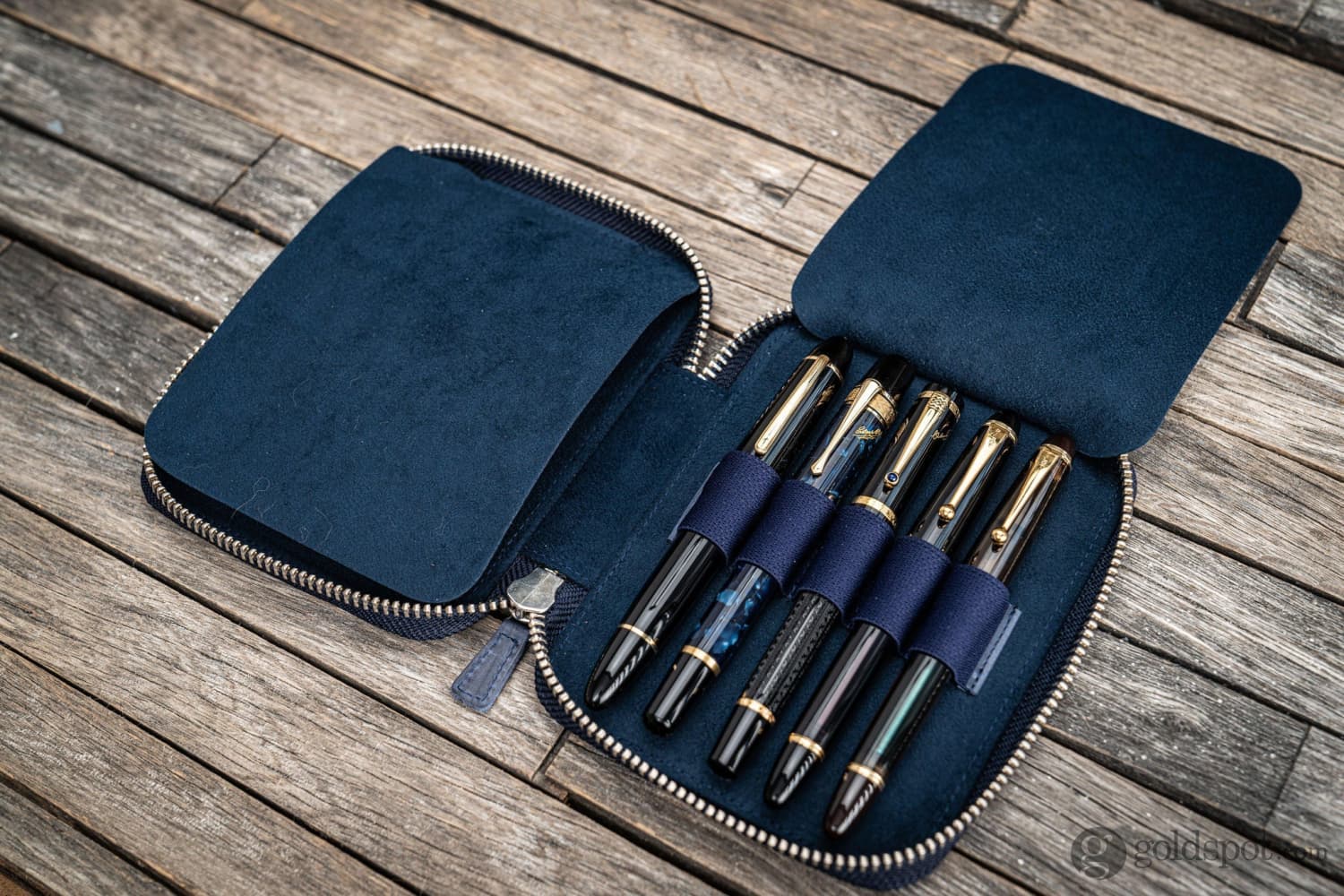 Galen Leather Pen Case Zippered 10 Slots in Crazy Horse Navy Blue - Image 3
