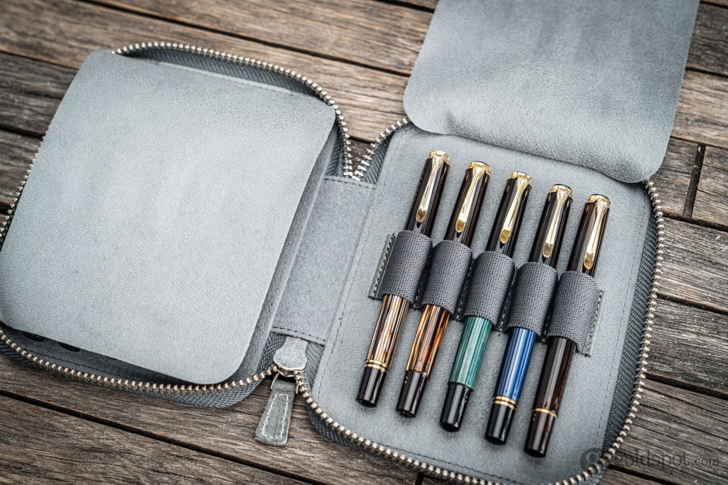 Galen Leather Pen Case Zippered 10 Slots in Crazy Horse Smokey Grey - Image 2