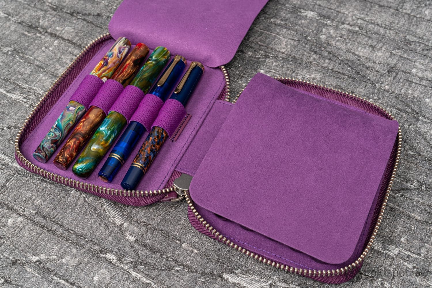 Galen Leather Pen Case Zippered 10 Slots in Purple - Image 3