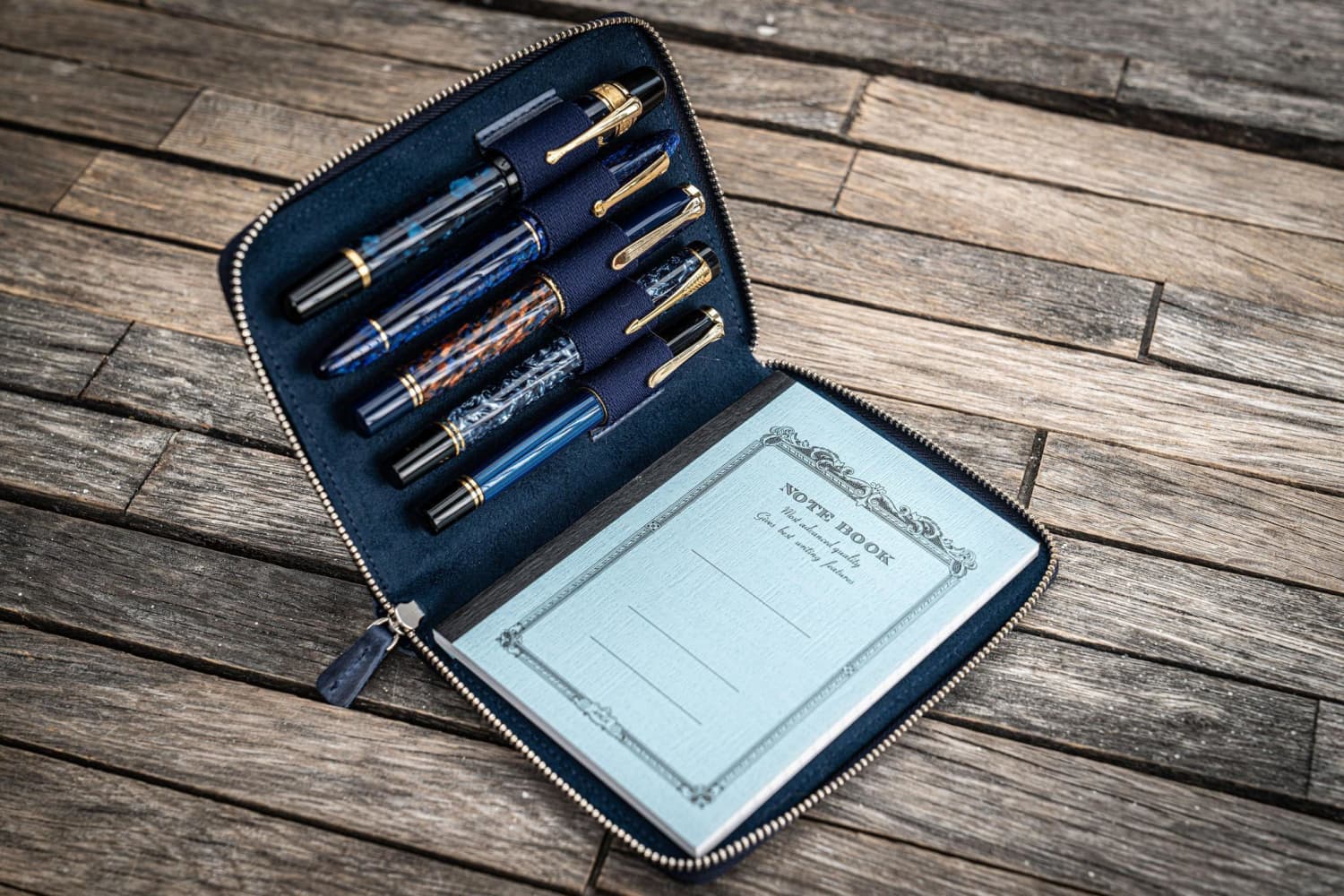 Galen Leather Pen Case Zippered 5 Slots in Crazy Horse Navy Blue