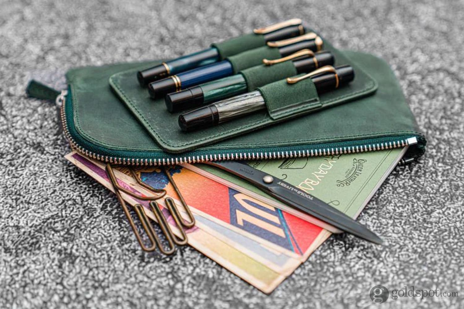 Galen Leather Slip-N-Zip 4 Slots Zippered Pen Pouch in Crazy Horse Forest Green - Image 2