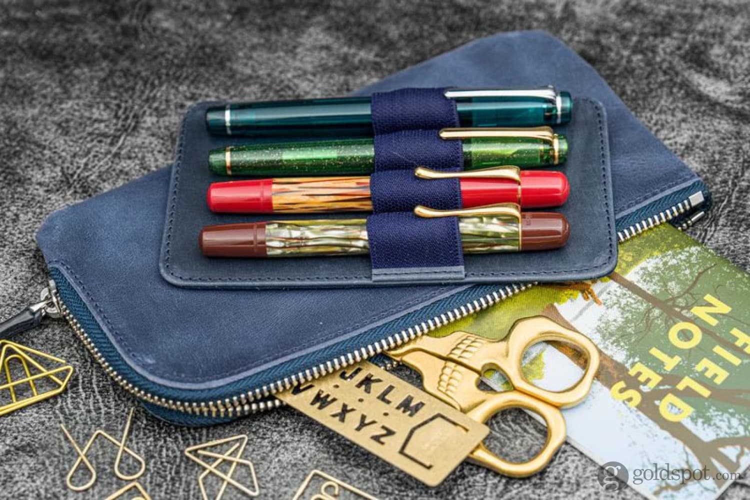 Galen Leather Slip-N-Zip 4 Slots Zippered Pen Pouch in Crazy Horse Navy Blue - Image 2