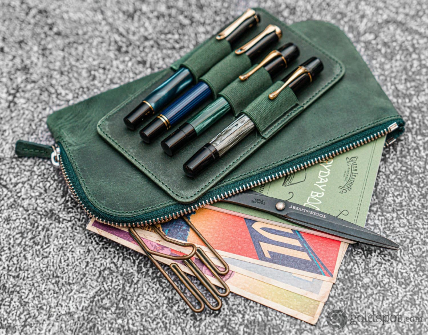 Galen Leather Slip-N-Zip Zippered 4 Slot Pen Pouch in Crazy Horse Forest Green - Image 2