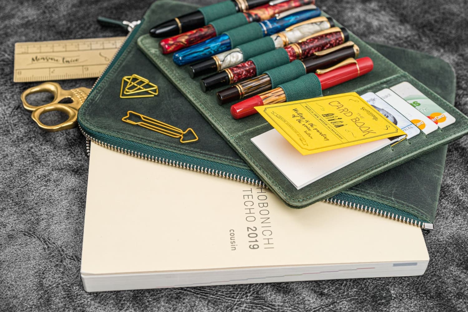Galen Leather Zippered Writer's Bank Bag in Crazy Horse Forest Green - Image 3