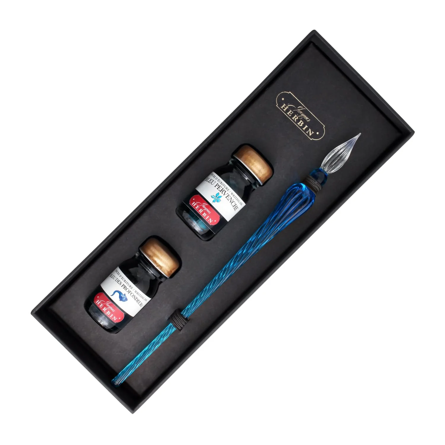 J. Herbin Round Glass Pen and Ink Set in Blue