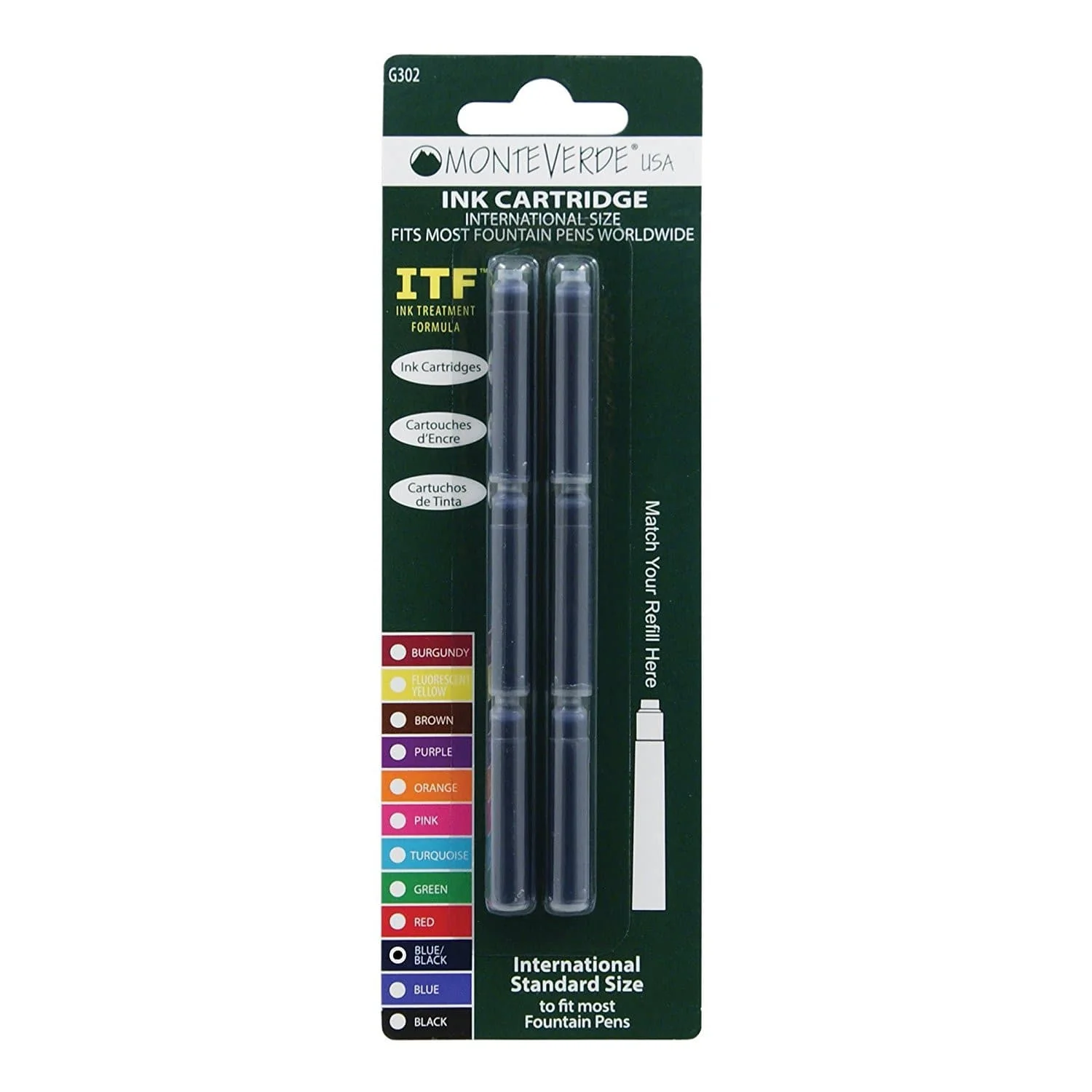 Monteverde Ink Cartridges International Size in Blue/Black - Pack of 6