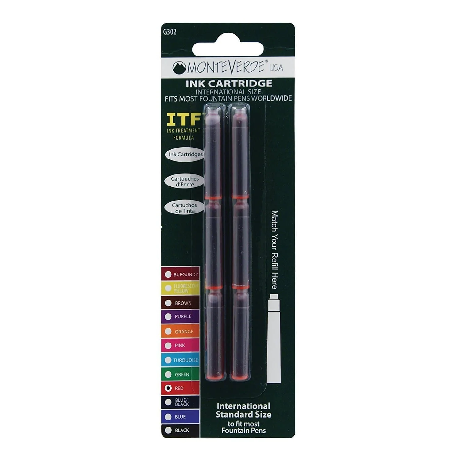 Monteverde Ink Cartridges International Size in Red - Pack of 6