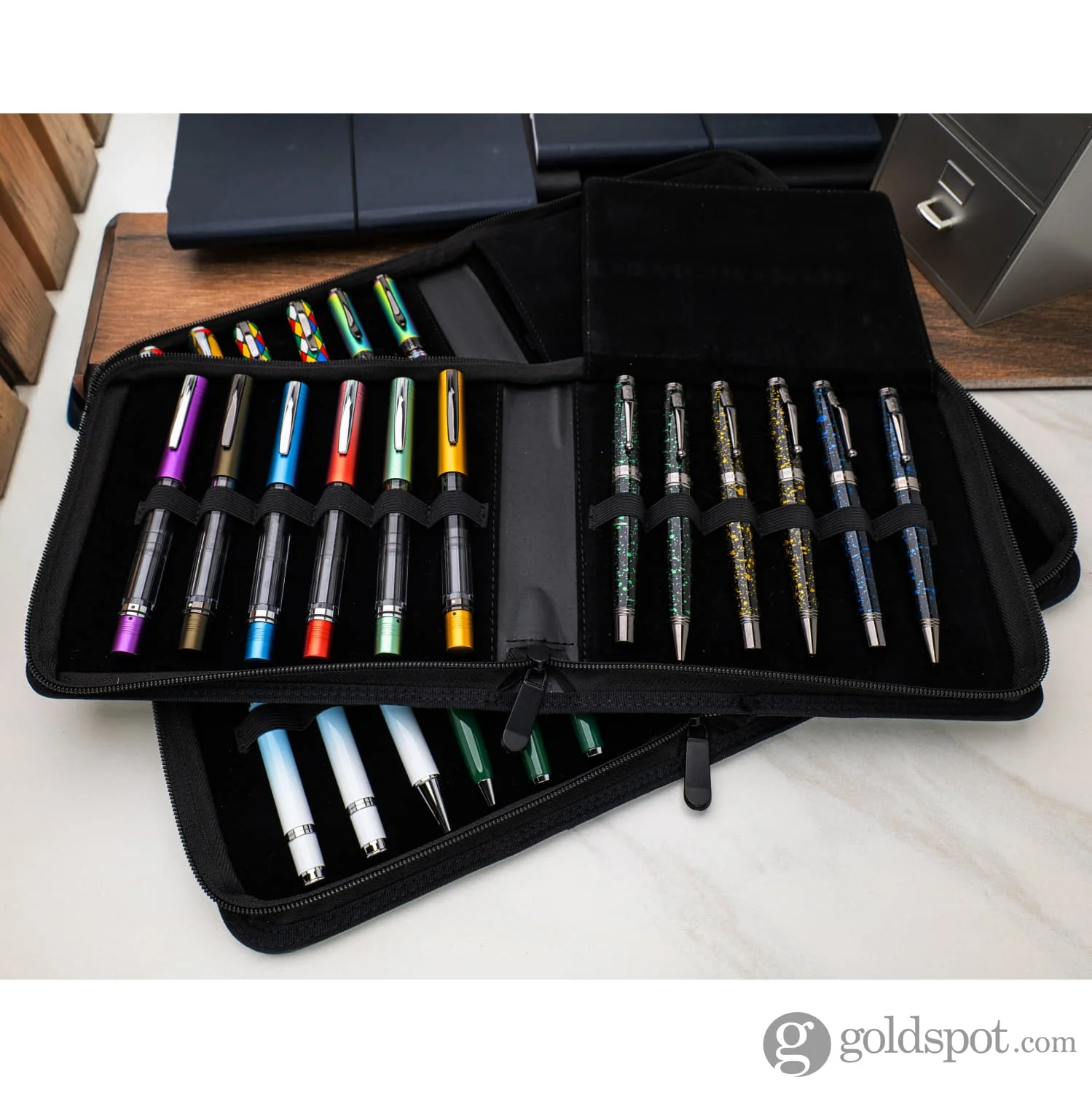 Monteverde Vegan Leather Zippered 12 Pen Case in Green/Black - Image 2