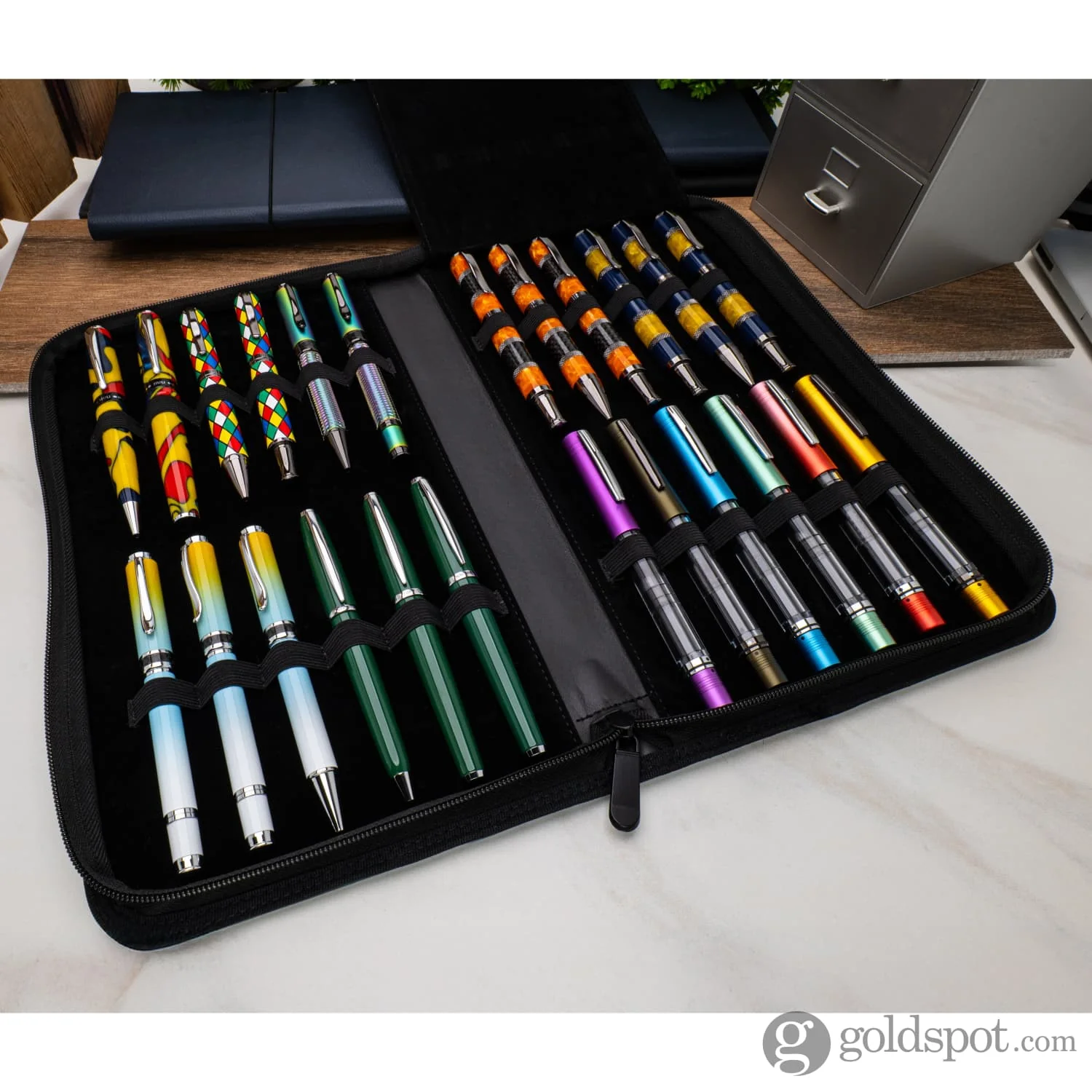 Monteverde Vegan Leather Zippered 12 Pen Case in Green/Black - Image 3