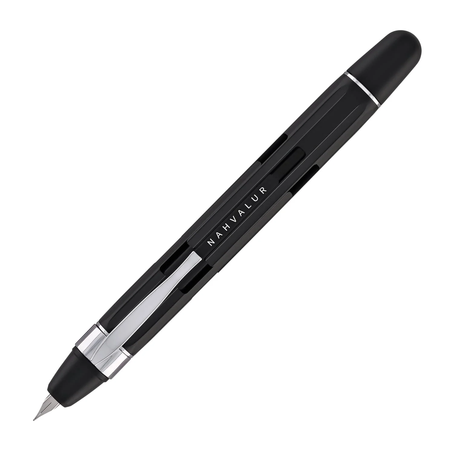 Nahvalur Eclipse Retractable Fountain Pen in Black with Silver Trim